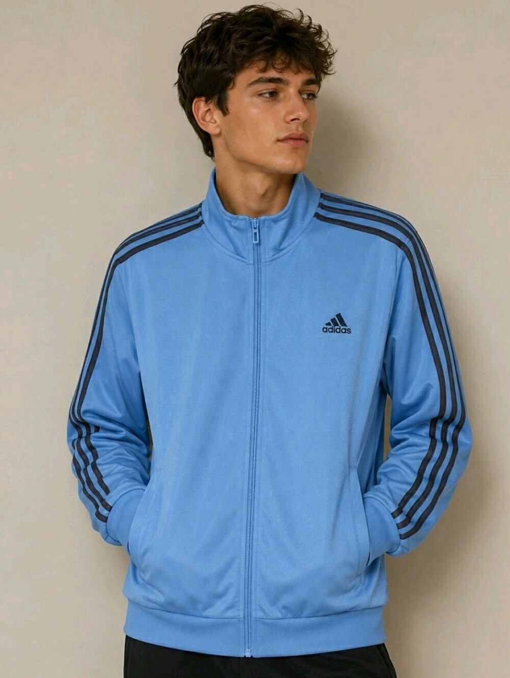 adidas Men's Size L, Essentials Warm-Up 3-Stripes Track Top, Sky Blue/dark gray